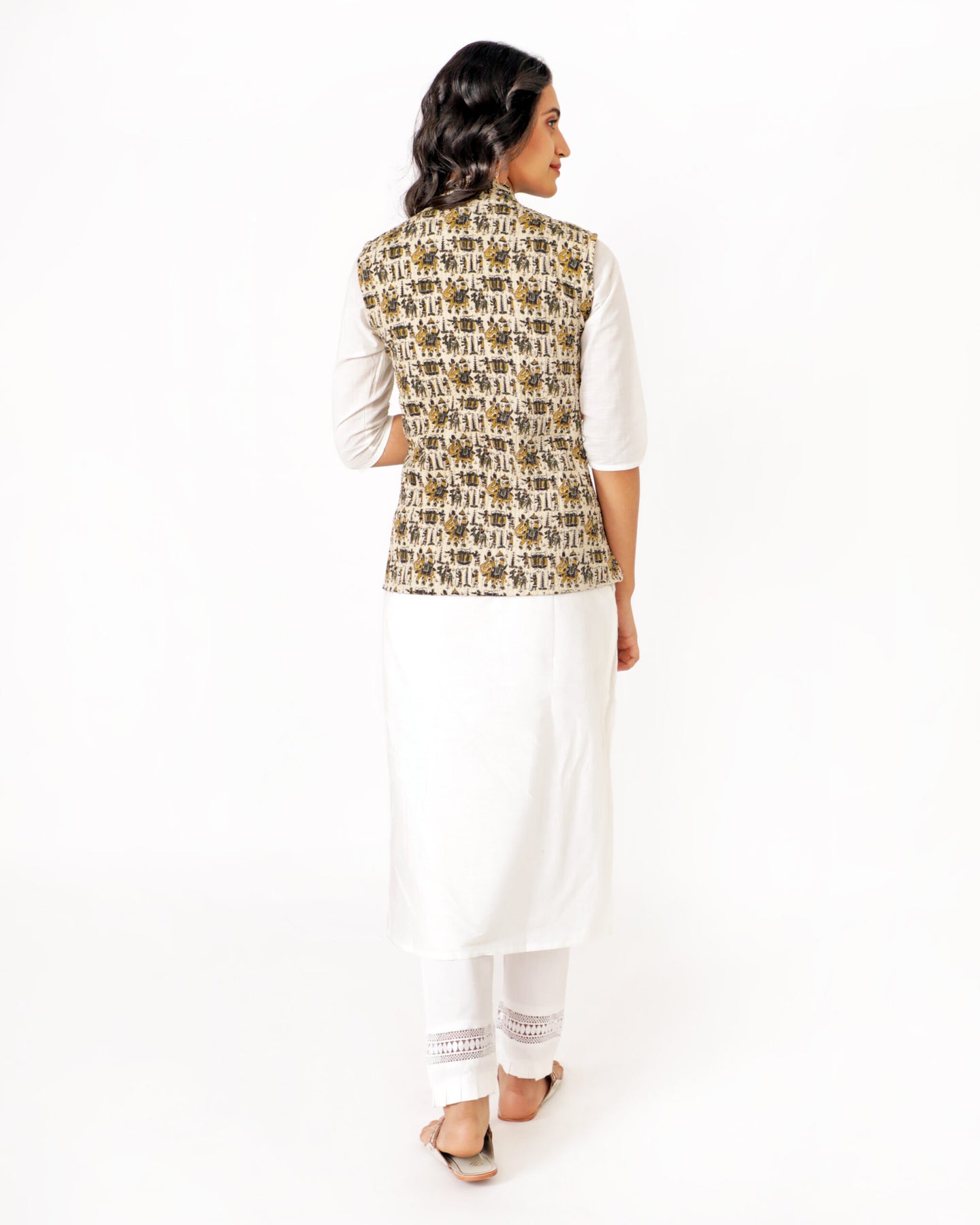Beige Cotton Hand Block Printed Regular Fit Jacket